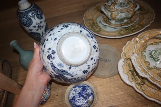 Two Persian Chinese enamel bowls and saucer, a blue and white vase, another plate and a dish